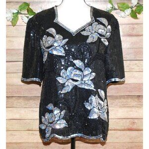 Vintage Royal Feelings Black Full Sequin Sparkle Silk Blouse Size S Short Sleeve